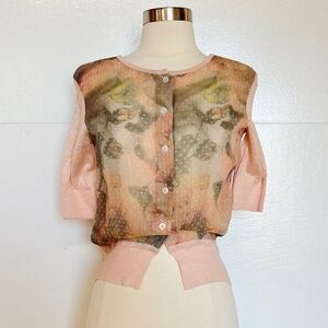 Issac Mizrari Vintage Short Light Cardigan Floral Print Watercolor Green Pink